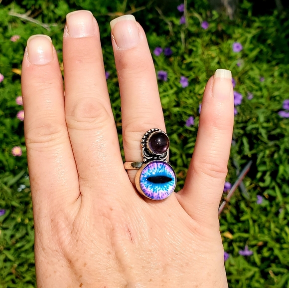 New Unique Fancy Glass Amethyst Protection Evil Eye Magic 925 Silver Ring. - Picture 5 of 16